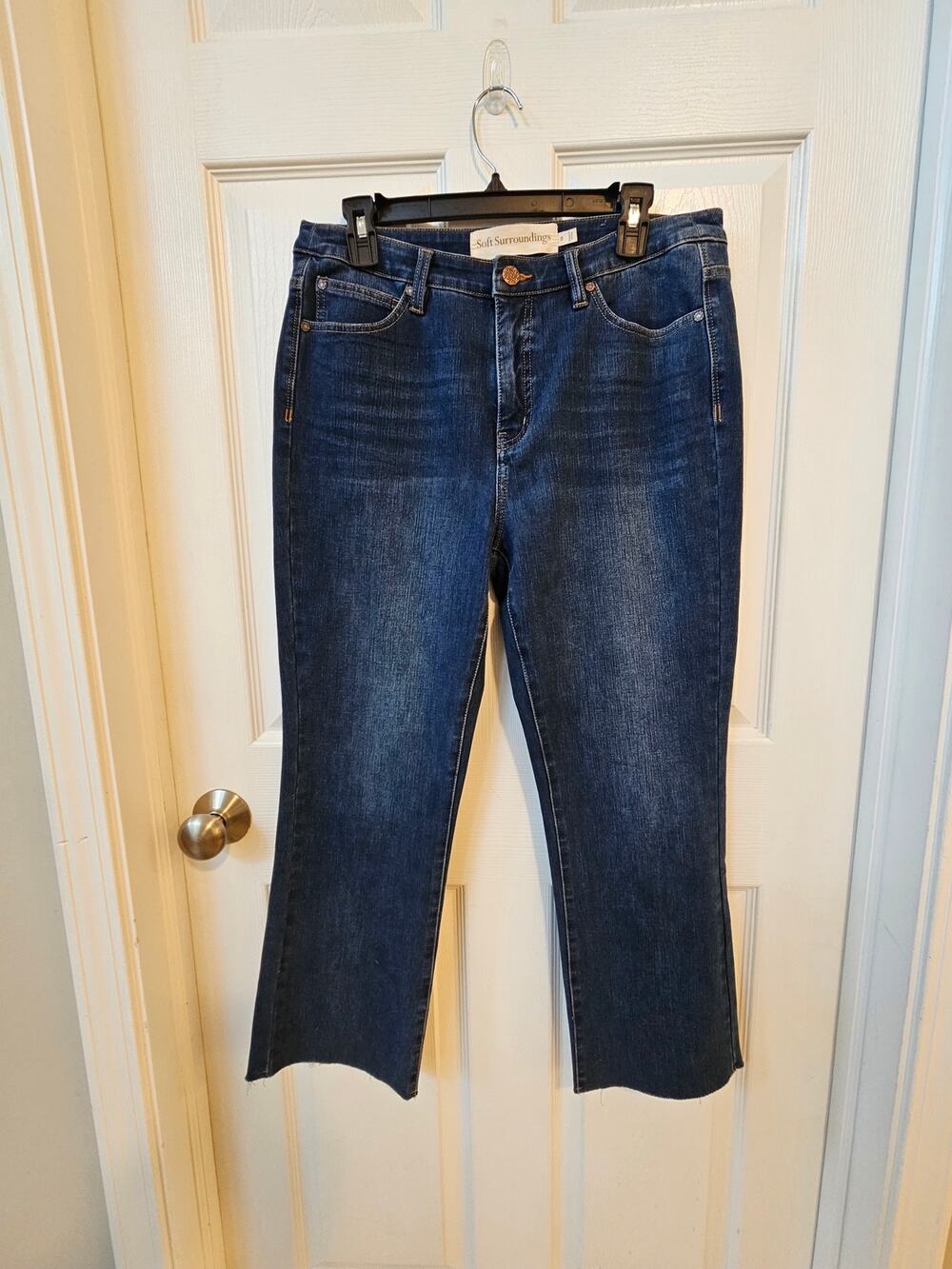 Soft Surroundings Women’s Cropped Flare Jeans Size 10 Dark Wash Raw Hem Denim